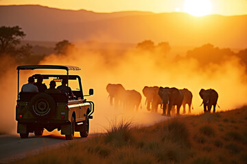 Fototapeta premium A safari vehicle carrying several people watches elephants at sunset, surrounded by dust and a golden glow, capturing the beauty of wildlife in its natural habitat
