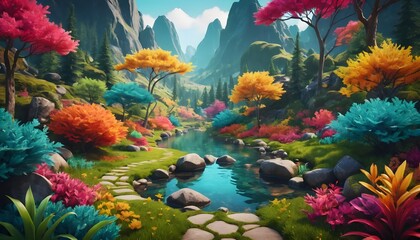 Vibrant Autumn Landscape with Colorful Trees and Serene Water Reflection in a Scenic Mountain Setting