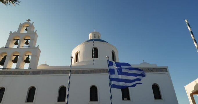 Panoramic View Of The Church Of Panagia In Santorini Greece
