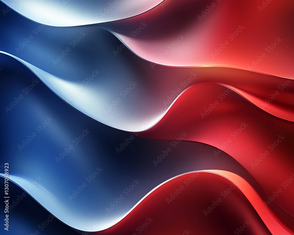 Poster abstract image of flowing red, blue, and white waves, creating a dynamic and elegant design, showcas