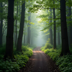 A serene forest path winds through tall trees with lush green foliage, sunlight filtering softly through the fog, creating a mystical atmosphere of peace and nature's beauty