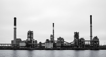 Monochromatic industrial waterfront - heavy industry and skyline - for economic reports