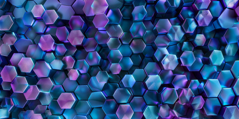 An abstract pattern of blue and purple hexagons creates a unique visual effect on a background.