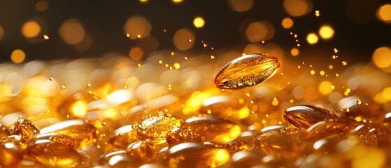Stunning macro shot of vitamin E extraction from sunflower seeds with golden droplets suspended in the air