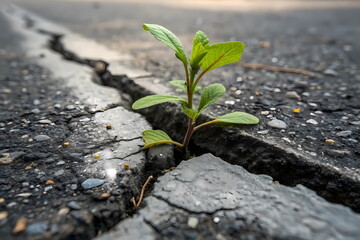 Small plant growing through crack in asphalt road