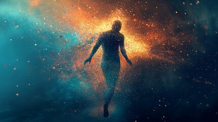 Naklejka premium Abstract silhouette of a figure dissolving into light particles, surreal and futuristic, highly detailed and cosmic, vibrant and artistic, dynamic and powerful