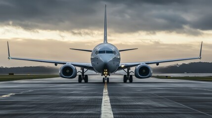 Obraz premium Airplane on runway taxiing ready for takeoff. AI generated