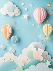 Charming whimsical paper art with pastel clouds, floating balloons, and twinkling stars creating a dreamy atmosphere Generative AI