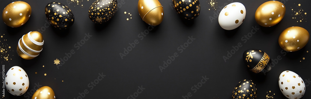 Poster golden, black, and white easter eggs are laid out on a black background with painted designs and emp
