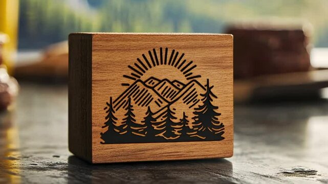 Wooden block with mountain and sun graphic, decorative, on marble surface