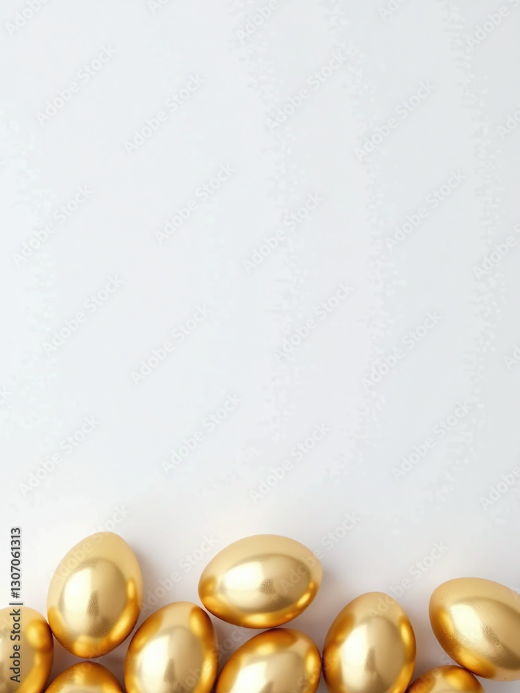 Poster golden easter eggs sit atop a blank white copy space background in an overhead perspective, awaiting