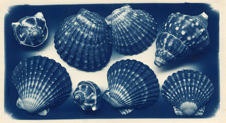 Fototapeta premium cyanotopy, Assorted seashells in rich cyanotype blue on light background