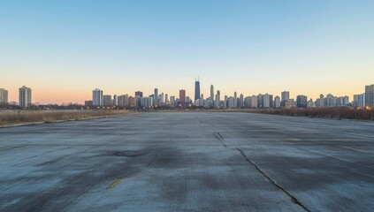 Empty tarmac, Chicago skyline at dawn