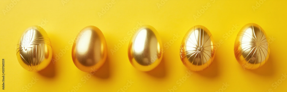 Aufkleber Golden Easter Eggs Decorated In A Simple Yet Elegant Pattern Against A Bright Yellow Background In A Flat Lay Setting.