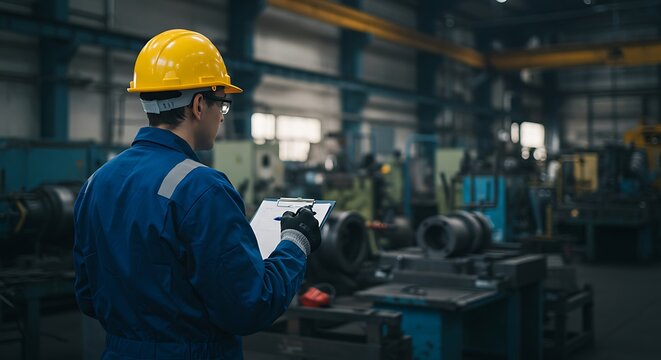 Rear View of Inspector in a Workshop - Safety Audit in Manufacturing - Workplace Safety Promotion
