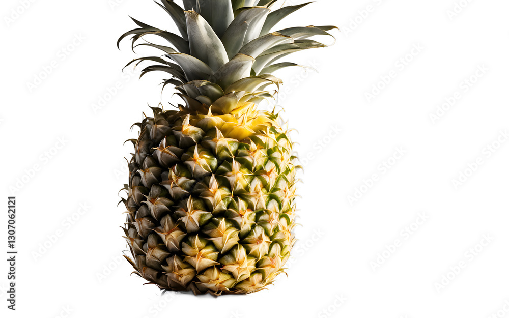 Poster a single ripe pineapple with golden yellow skin, isolated on a empty plain background