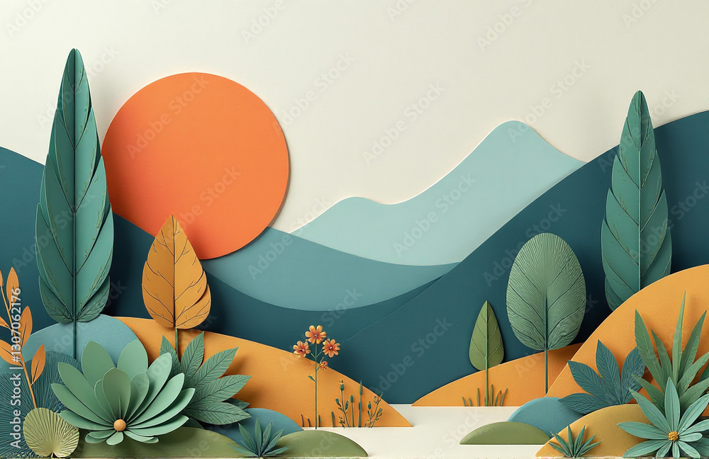 Aufkleber Geometric Shapes And A Natural Background Come Together In A Unique Combination Of 2d And 3d Paper Design Elements.