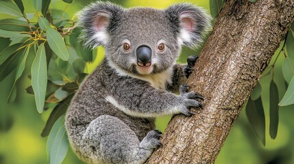 Obraz premium Adorable koala climbing a eucalyptus tree in a vibrant Australian forest setting
