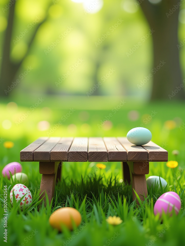 Poster empty wooden table set amidst a lush green meadow featuring colorful easter eggs in a springtime bac