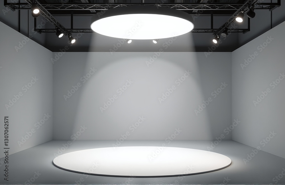 Poster Empty Studio Space Is Lit From Above With A Circular Spotlight Creating A Distinct Visible Light Cone And Display Area.