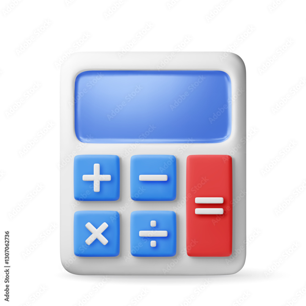 Poster 3d modern calculator isolated on white. render mathematics icon. addition, subtraction, multiplicati