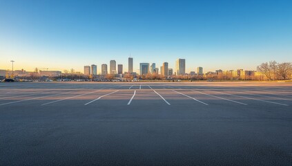 Obraz premium Empty parking lot, Denver skyline sunrise
