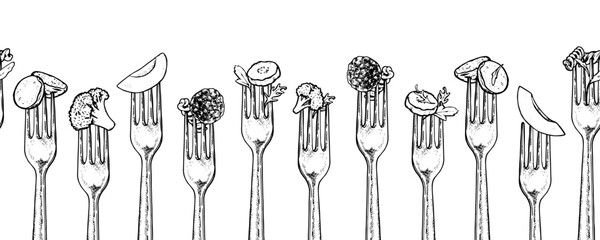 Seamless hand drawn food and fork border pattern in black and white, perfect for menus, banners, and kitchen designs. Vintage style vector line art illustration. With an isolated background