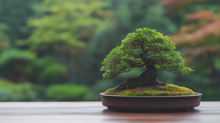 Serene Bonsai on Wooden Table: Captivating image of a meticulously crafted bonsai tree gracefully placed on a wooden surface.