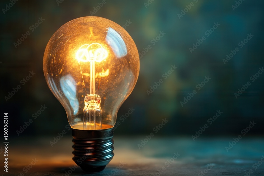 Poster Bright glowing light bulb illuminating dark surface with soft focus background at evening time Generative AI