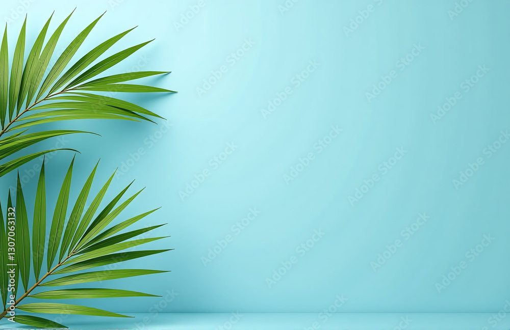 Poster elegant banner design featuring palm fronds on a serene blue background leaving ample space for text