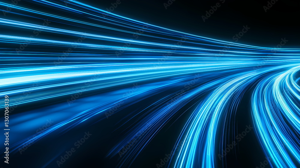 Fototapete Blue light trails speeding through dark space representing data flow