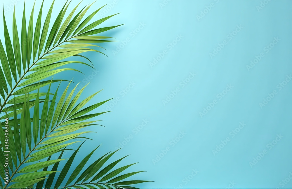Poster elegant banner design featuring palm fronds on a serene blue background leaving ample space for text