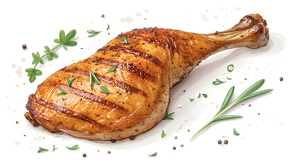 A perfectly grilled chicken leg with crispy, golden-brown skin, isolated on a white background for a clean and appetizing look.