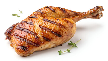 A perfectly grilled chicken leg with crispy, golden-brown skin, isolated on a white background for a clean and appetizing look.
