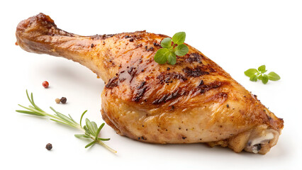 A perfectly grilled chicken leg with crispy, golden-brown skin, isolated on a white background for a clean and appetizing look.