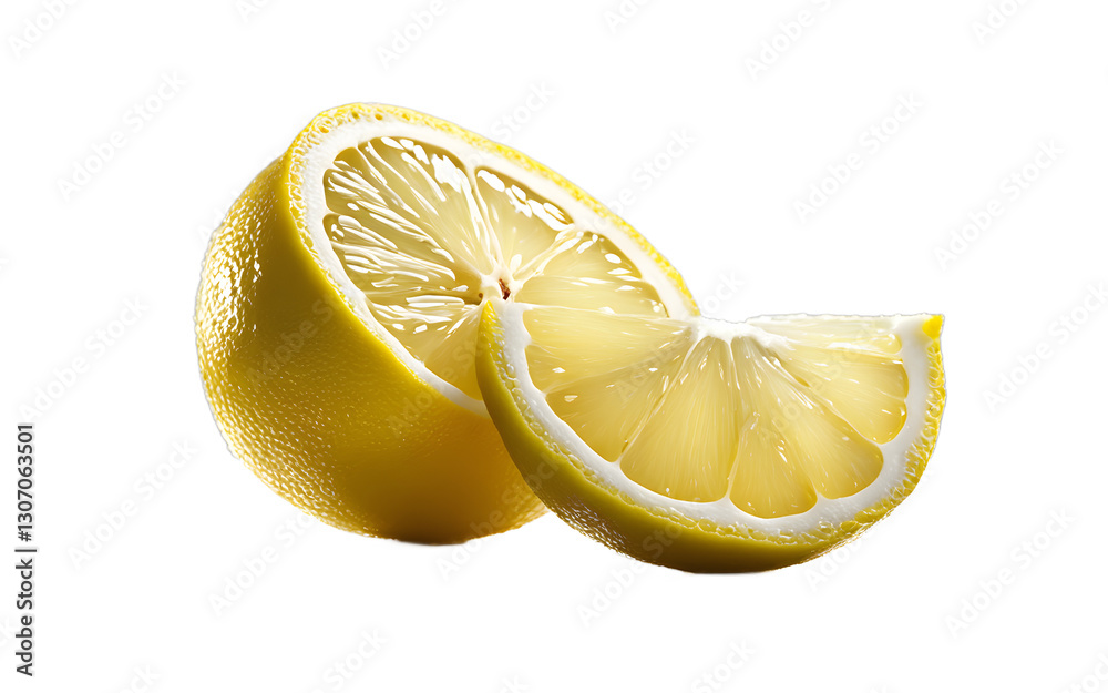 Poster A sliced lemon with visible pulp, isolated on a empty plain background