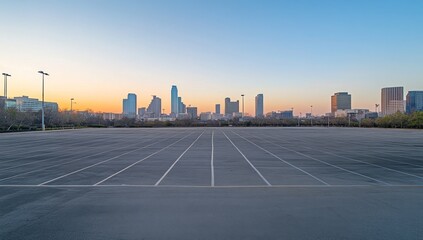 Obraz premium Empty parking lot at dawn, city skyline (2)