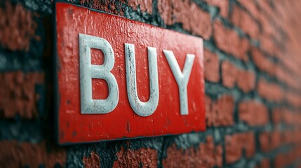 A vibrant red "BUY" sign mounted on a textured brick wall, emphasizing a call to action for purchasing or investing.