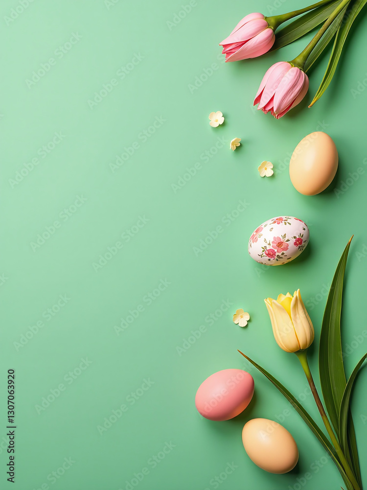 Poster easter table setting features eggs and floral decor on a vibrant green background in a stylish flat 