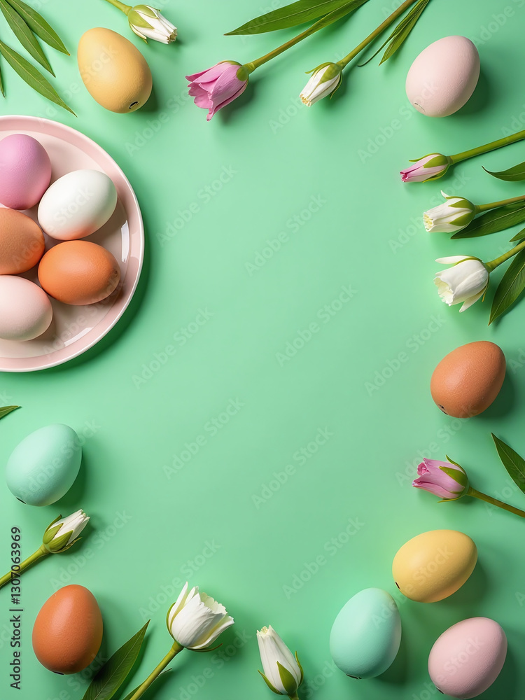 Poster easter table setting features eggs and floral decor on a vibrant green background in a stylish flat 