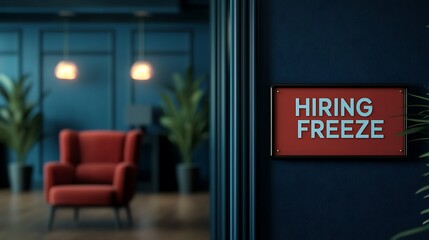 A modern office setting featuring a sign that reads "Hiring Freeze," with a red armchair and decorative plants in the background.