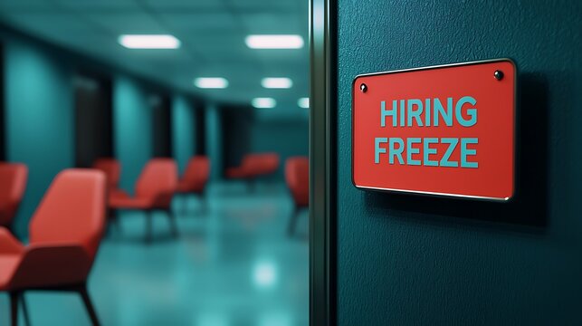 A sign reading "HIRING FREEZE" is displayed on a wall, with empty chairs in a modern office setting, indicating no new hiring is currently taking place.