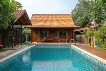 Fototapeta premium Small bungalow hotel in Thailand with a pool, five rooms, and a two-bedroom house for conferences or wedding events.
