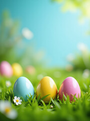 Fototapeta premium Easter Eggs Are Scattered Across A Vibrant Green Lawn With A Happy Easter Holiday Background Behind Them.