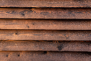 Wood siding. Brown wooden planks with rich texture create a rustic and vintage style background. Natural and warm aesthetic wall finishing. Interior design or artistic applications. House exterior.