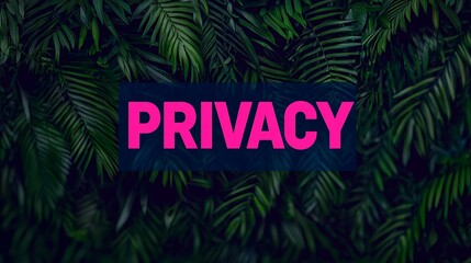 The image features vibrant pink text reading "PRIVACY" against a lush green background of tropical leaves.