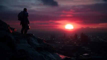 Obraz premium Sunset Over the Cityscape: A Lone Traveler's Contemplation