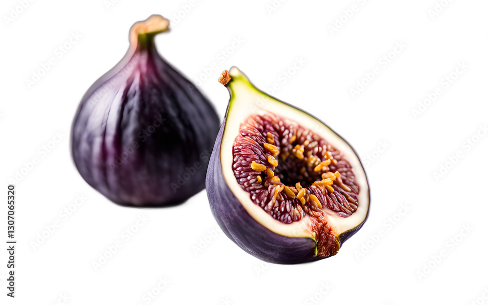 Poster a whole fig with its soft purple skin, isolated on a empty plain background