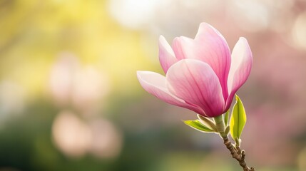 Fototapeta premium Magnolia bloom showcases its delicate pink petals during a sunny spring afternoon in a vibrant garden setting