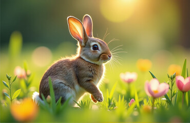 Obraz premium Der Osterhase Versteckt Sich In Der Grünen Wiese Voller Leuchtender Blumen Und Springt Gerne Über Die Feuchten Pfützen An.